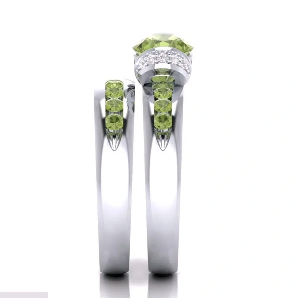 New Sterling Silver Peridot White Sapphires 2pc Ring Set